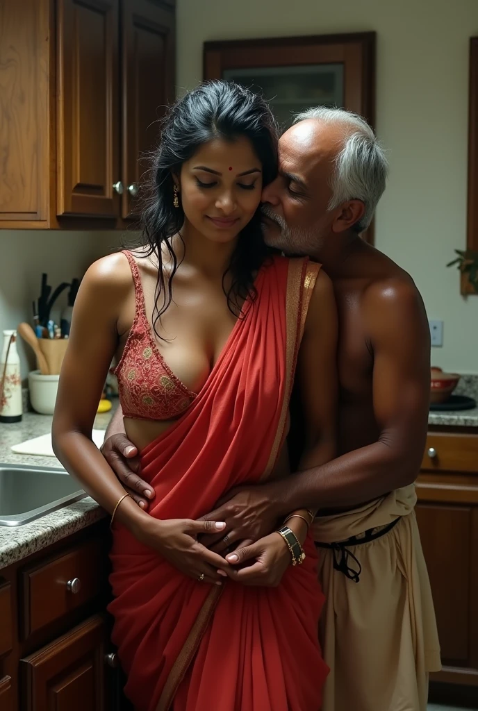 ,Nsfw,A Indian old man and girl in the water fall stone, standing pose, detailed, Indian Oldman, beautiful girl, couple pose, realistic, high quality, couples, romantic waist gripping pose, Indian actress, subtle smile, curvy, swooping breasts, saree, couples pose, big cheeks,deep cleavage,blue saree,sexy girl, kajal,black Old man, detailed, Indian actress,french braid hair, necklace, sultry, seductive eyes, look at viewer and smile, (cinematic:1.3), intricate details, (ArtStation:1.2)