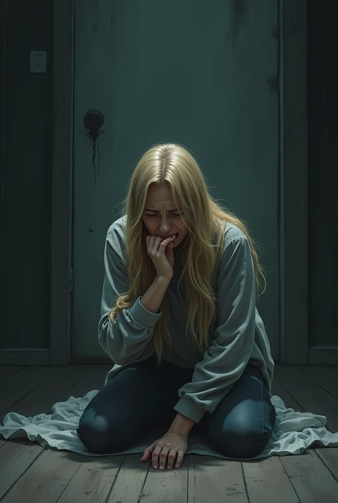 Blonde woman with long hair vomiting