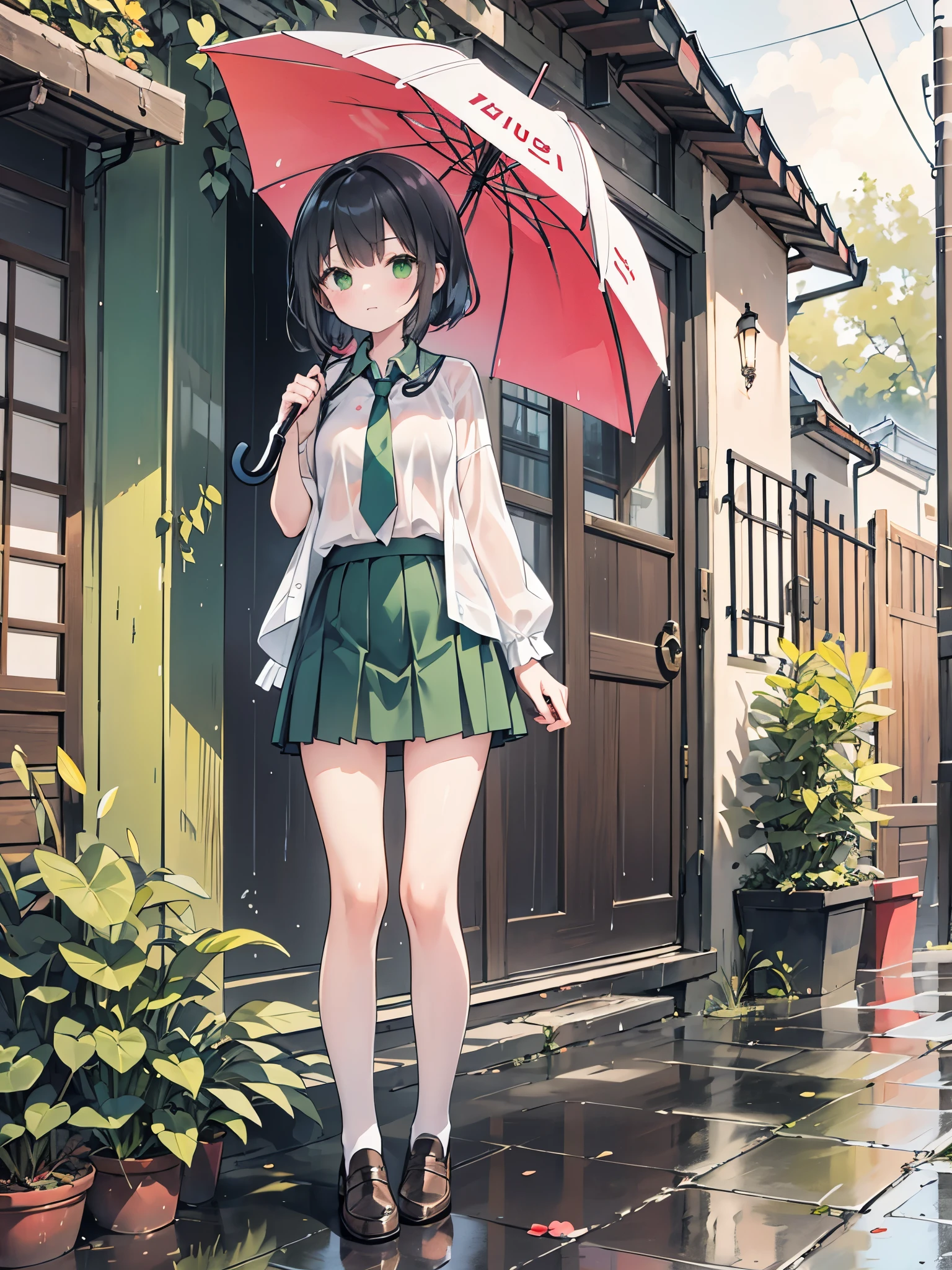 ((Best Quality, 8k, masterpiece: 1.3)),Human Girl,((Petite,Glamorous Body,Curvy)),cute,Lonely look,((Black Hair)),Long Hair,Beautiful emerald green eyes,Standing posture,(((White blouse,Green tie,Green pleated mini skirt,Black socks,loafers))),((Pouring rain,As I was sheltering from the rain under the eaves, a hand came towards me holding an umbrella.)),