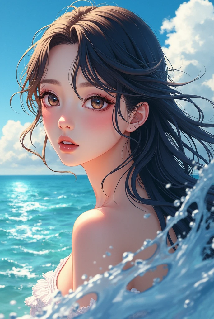 (Masterpiece, BestQuality:1.3), (ultra detailed:1.2), (hyperrealistic:1.3), (RAW photo:1.2), High detail RAW color photo, professional photograph, (An illustration:1.4), (Photorealistic:1.4), (realistic:1.4), professional lighting, perfect anatomy, (Big Breasts, (The underboob is visible:1.3):1.5), (blush, detailed face), (cheerful Smile:1.5), (Blue Hair:1.5), Trending Hair&Trending Hairカラーをランダムに, earrings, necklace, bracelet, sexly, erotic sexly, Random sexy gravure poses, (Sexy woman in white bikini。On a tropical beach, with wet hair running down my back、Sit on all fours on the beach。: 1.3)