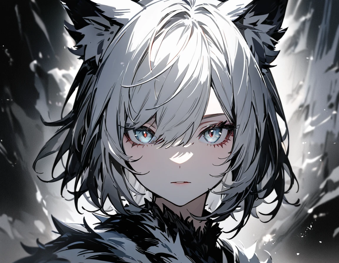 (UHD, best quality), Beast Girl, Full body portrait:1.3, (Eyes are hidden by hair:1.5, Unkempt shorthair:1.5, Hair is divided down the middle into black and white) Wolf Ears, Wolf&#39;s bushy tail, Large hand with sharp claws, (A short-sleeved dress with a wide open chest, above-knee length boots), ((Grin, Big Mouth, Deformed jagged teeth)), ((On stage:1.2, Dancing:1.3, Live)), Cocktail High Beam:1.2, Halloween Party:1.4