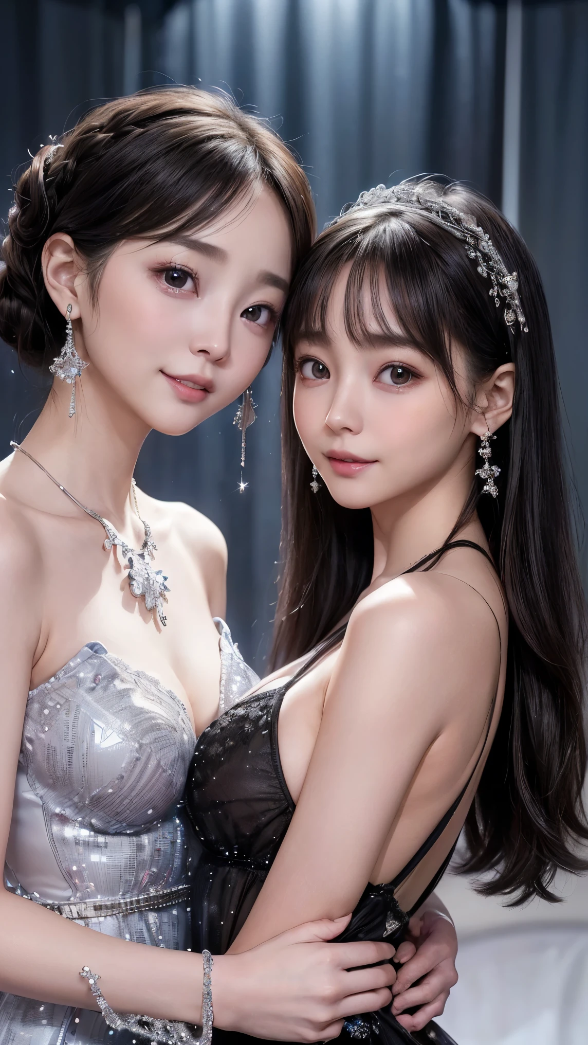 (4K quality:1.3),(Best Quality:1.5),(Two Girls:1.6),(Whitening:1.4),(Beautiful Skin:1.4),(10th Generation:1.5),(:1.5),(The ultimate beauty:1.5),(Arisa Hanyu:1.4),rich,Upper Body,smile,(tits:1.5),(A black bejeweled dress with a plunging neckline:1.3),(The fabric area is very small:1.4),(jewelry),(Super Celebrity),(Supermodel),(Tight waist:1.4),(Night viewの良いホテル:1.1),(luxury:1.2),(Arisa Hanyu:1.5),(Anorexia:1.4),(Night view:1.3),(Face close-up:1.2),Catchlight,(Child'ce),(smile:1.1),(Half Up Hair:1.3),(Bright Blue Eyes),(2D cuteness:1.5),(Cute Makeup),Beautiful fingertips,(Transparent white skin),(albino),(Light hits the subject:1.3),Best Shot