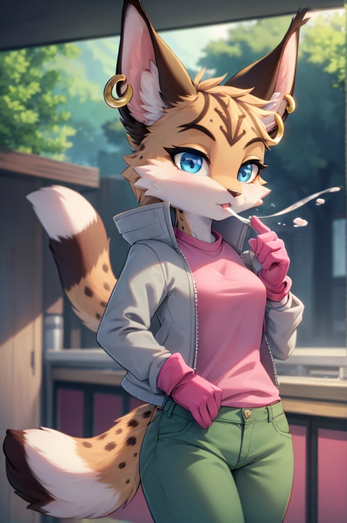 (anthro furry:1.2),1girl, solo,  MiyuCzar, female, lynx, (brown fluffy fur, lynx ears, blue eyes, small breasts, gold hoop ear ring), (grey jacket, pink shirt, green pants, gloves), (standing, blowing kiss,), (masterpiece:1.2), hires, ultra-high resolution, 8K, high quality, (sharp focus:1.2), clean, crisp, cinematic, 