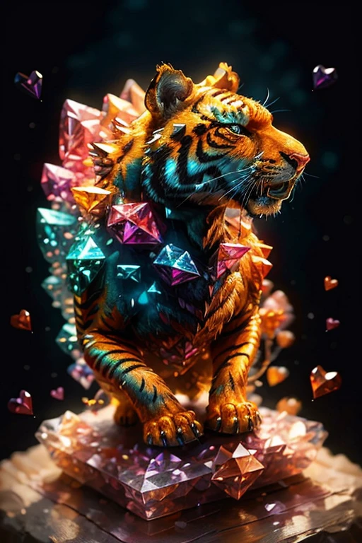 (((best quality))), tiger, colored crystal tiger statue, crystal polygons, low polygonal tiger representation, glowing heart of statue, highres, ultra-detailed