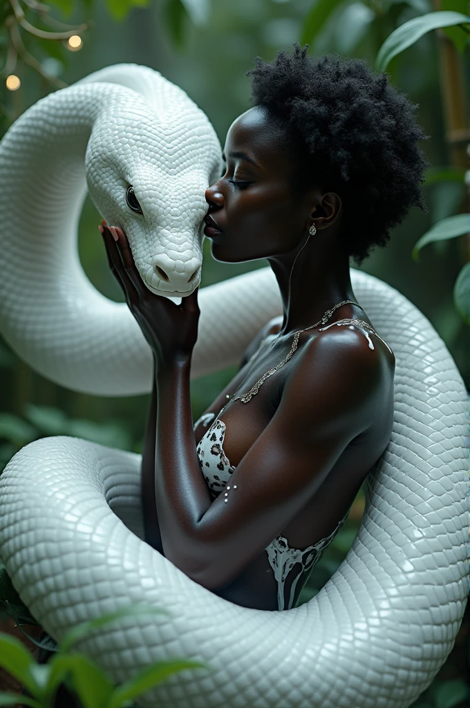 Create a realistic phone wallpaper of slim naked black hair goddess with big breasts one blessing hand sitting under 5 heads snake