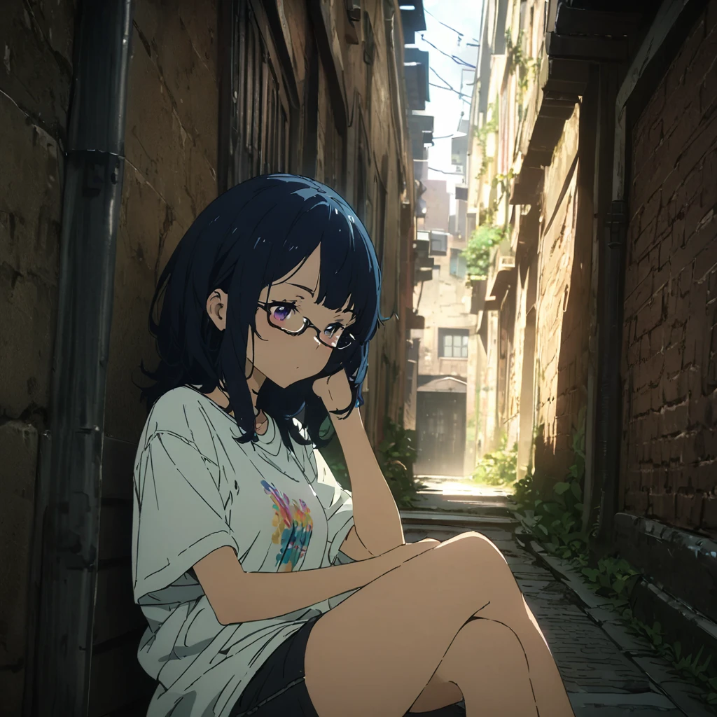 ultra-detailed:1.3, (absurdres, texture, masterpiece), pixiv contest winner, by John Berkey, dynamic manga-style illustration of girl with glasses,sitting with crossed legs, starry sky inner hair,dark aesthetic,euphoric,oversized t-shirts,black shorts,beautiful woman,old alley background, dozing,crayon color zentangle,outline,anime key visual,study