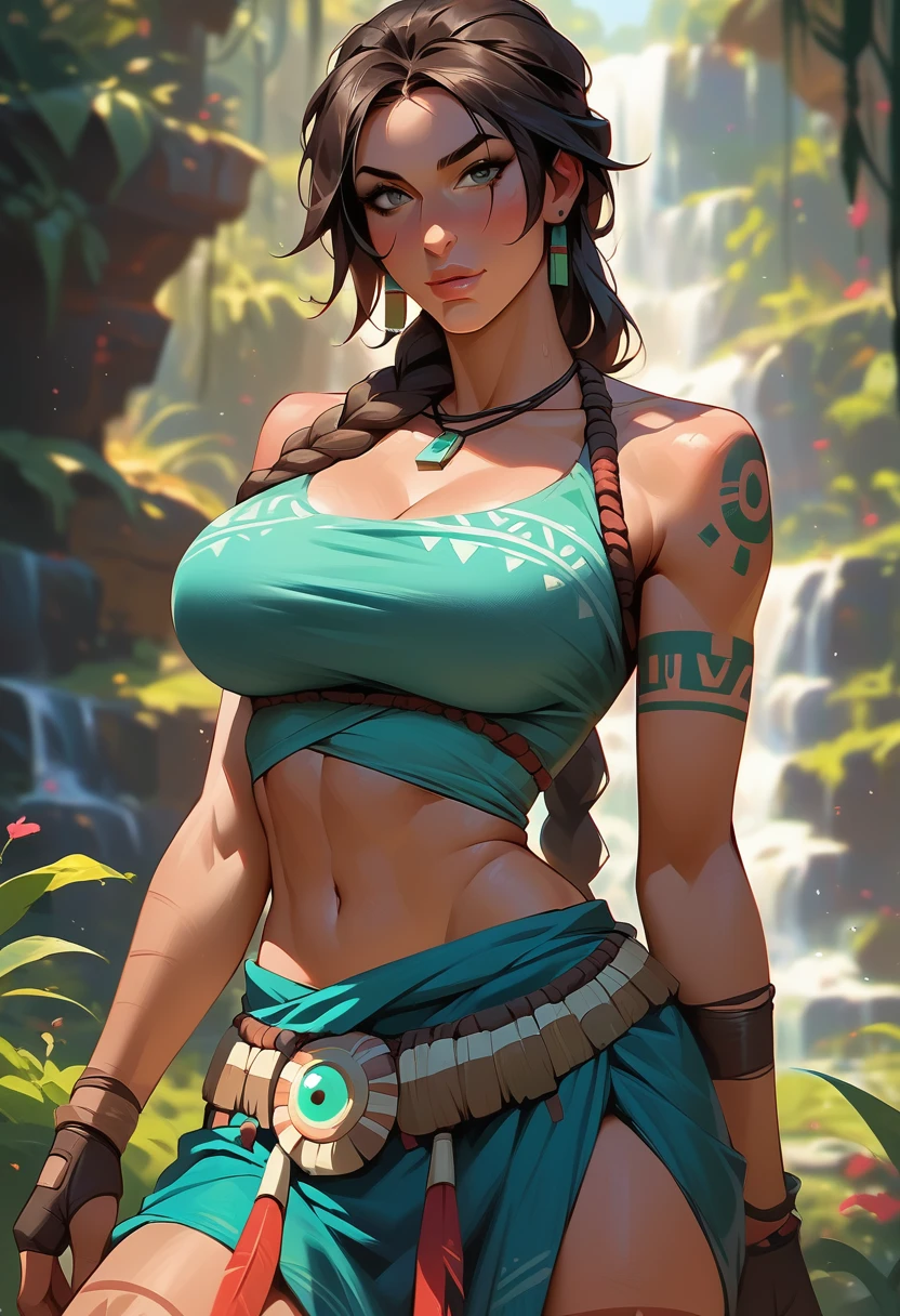 Busty Lara Croft with large breasts, perfect body proportions and smooth skin. The image should feature an extremely detailed face and body, beautiful detailed eyes and lips, along with detailed anatomy. She should be wearing a draped neckline crop top and slit skirt with ultra detailed textures, and a tribal tattoo. The overall appearance should be lush, alluring, provocative, seductive, and erotic with vibrant colors. The background should be scenic with bokeh effect. The rendering should be hyper-realistic and physically based, in ultra-high definition