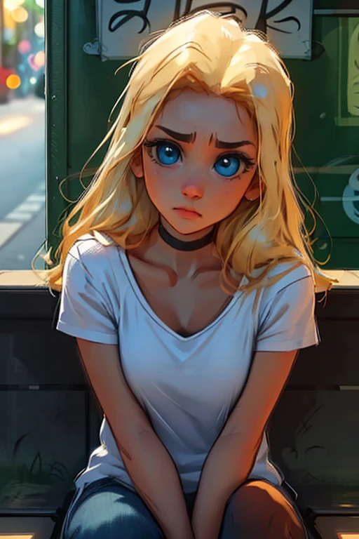 ultra-detailed, vibrant colors, soft natural lighting, fine art, bokeh effect. upper body, casual outfit, medium shot, big eyes, huge eyes, ((sad expression)), sitting on a bench in a subway statuon, ((sitting)), ((on a street's curb)), ((sad face)), 