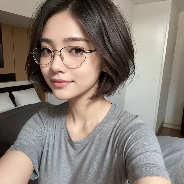 ((masterpiece, Best Quality, Illustration, Ultra-detailed, finely detail, hight resolution, 32K Wallpaper, Perfect dynamic composition,)), Japanese cute mature,incredibly detailed face, incredibly detailed beautiful and small downtuned cut eyes,(wide and thin lips),upward glance,glasses,tall hooked nose,(wide oval face shape),(Natural looking makeup),,bed,dusky room,moody lights,(unkempt short lob hair),gray loungewear,((selfie)),(smile),((Realistic)), ((photo Realistic)),