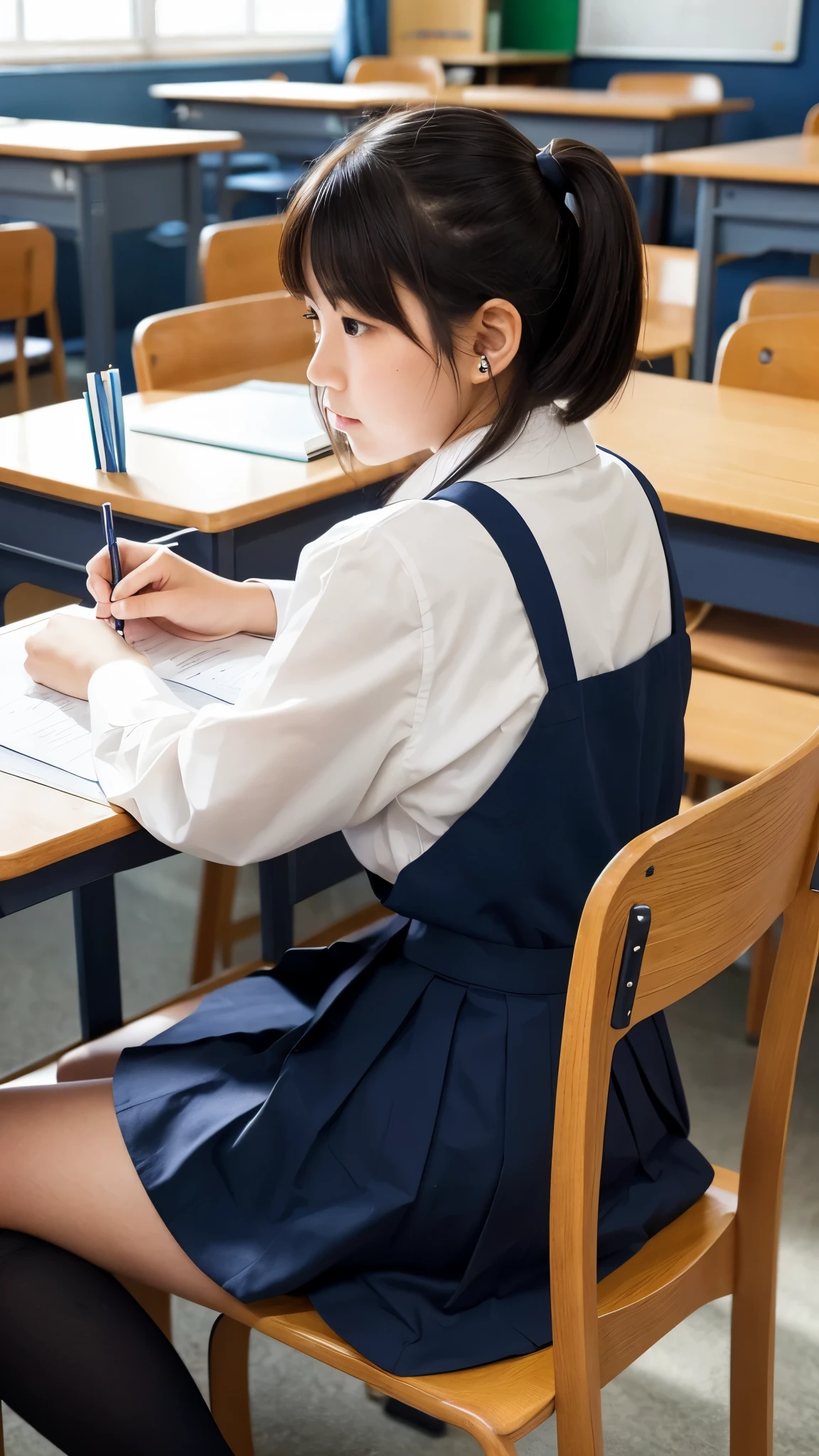 NSFW, (((table top, highest quality, realistic))), (shiny skin), (nffsw, 8k wallpaper, High resolution), perfect anatomy, cinematic lighting, Physically based rendering, award-winning, highly detailed skin, highly detailed face, Beautiful eyes in every detail, Carl Zeiss 85mm F/1.4, (1 male、1 female, couple:1.5), Cute 16 year old Japanese schoolgirl, sitting in a chair, (black hair, short bob cut, brown eyes, round face), medium breasts, Wet school blouse with ribbon, navy pleated skirt lift, Rinse your nose with navy knee socks, Naughty, half-open eyes, drooling), spread your legs, thigh focus, In the classroom, blue hour, (1 male student, A student hugging a girl from behind:1.5), school uniform, (Student touching girl's panties:1.5), [full body shot], shot from below,