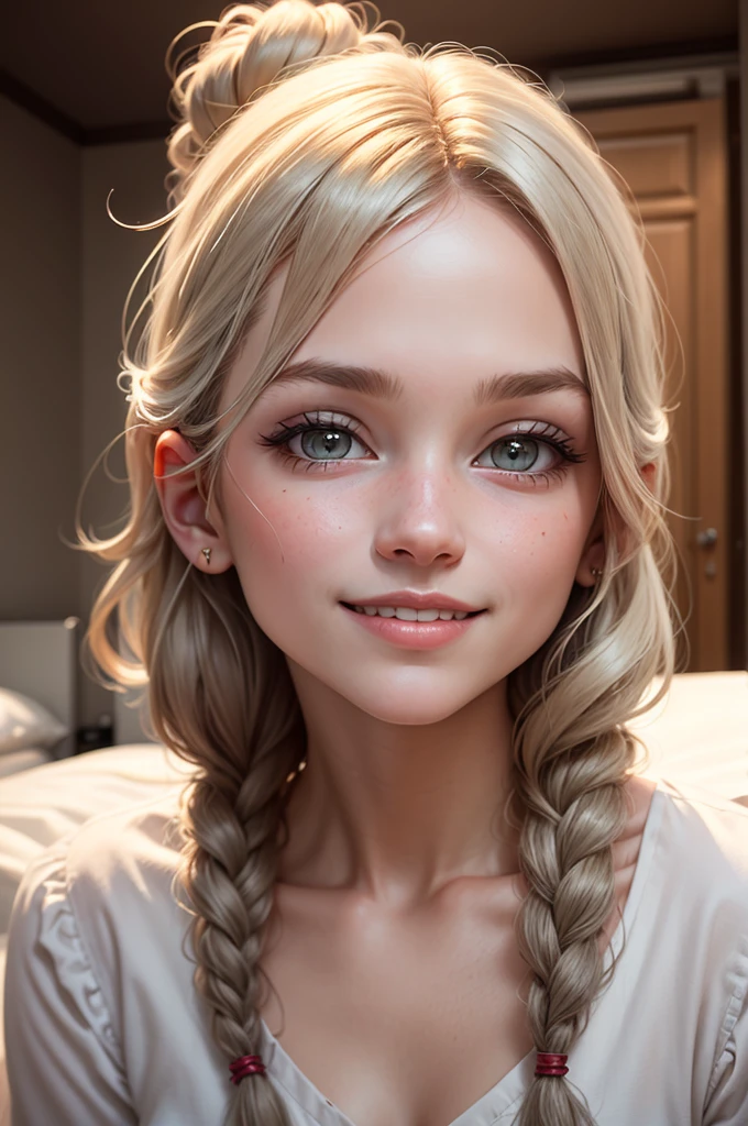 ((NSFW:1.2)), ((UPPER BODY PORTRAIT)), ((SOFT LIGHT:1.8)), ((skinny figure:1.6)), ((SMILING MOUTH)), ((LIGHT BLUE EYECOLOR)), ((PONYTAIL)), ((Sleek WAVY HAIRSTYLE:1.3)), ((MESSY HAIR:1.2)), ((small breasts:1.3)), ((HAIRBANGS:1.5)), ((BLONDE:1.1)), (Wearing black lace bra and panties), MASCARA:1.3, EYELINER:1.3, EYESHADOW:1.3, LONG EYELASHES:1.3, MAKEUP:1.3, ((Fujifilm XT3)), photorealistic, original raw image, masterpiece:1.2, best quality:1.2, extreme detailed, Art by SAM YANG