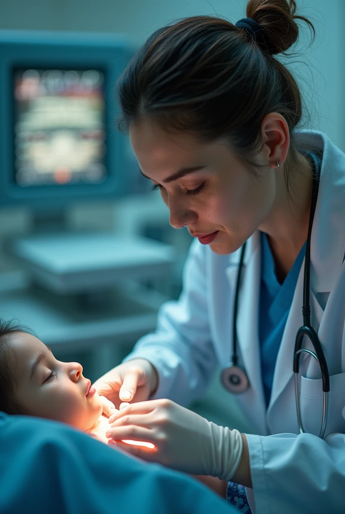 A 11 year old unconsious boy's mouth checked by nurse