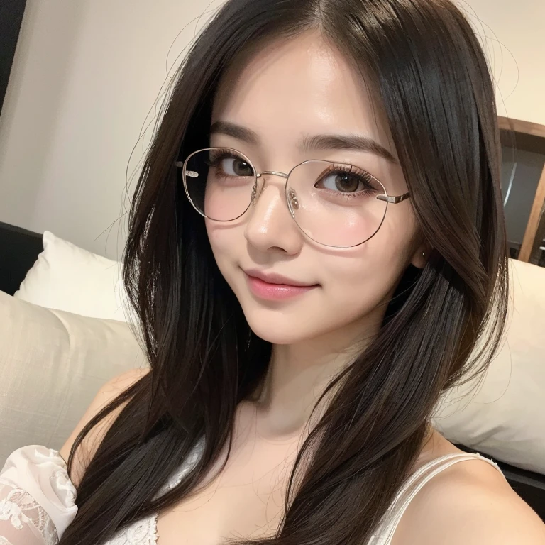 ((masterpiece, Best Quality, Illustration, Ultra-detailed, finely detail, hight resolution, 32K Wallpaper, Perfect dynamic composition,)), Japanese cute mature,incredibly detailed face, incredibly detailed beautiful and small downtuned cut eyes,(wide and thin lips),upward glance,glasses,tall hooked nose,(wide oval face shape),(Natural looking makeup),,bed,dusky room,moody lights,(unkempt lob hair),white loungewear,((selfie)),(smile),((Realistic)), ((photo Realistic)),