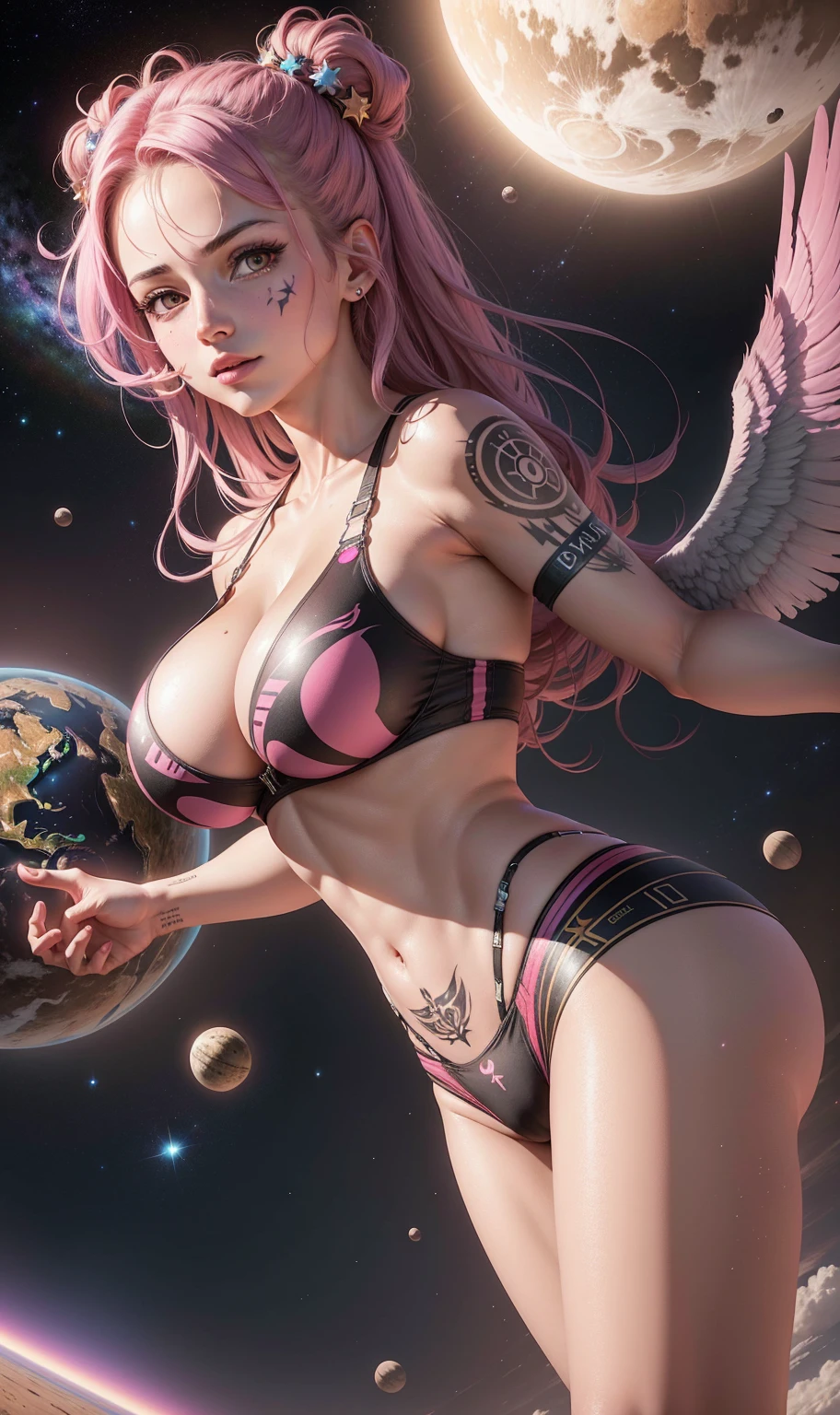 (full body:1.2), (1girl:1.2), (masterpiece:1.4, best quality), angelic face, faint smile, long hair, colorful hair, big breasts, slim waist, slim face, beautiful face, beautiful legs, long legs, glowing eyes, (intricate details),ultra detailed, (pastel colors:1.3), perfect face, beautiful and aesthetic, detailed, solo,((walking on water)), floating on water, background is a fantasy world, world of bubbles, colorful world, naked, pink bikini bottom, topless,