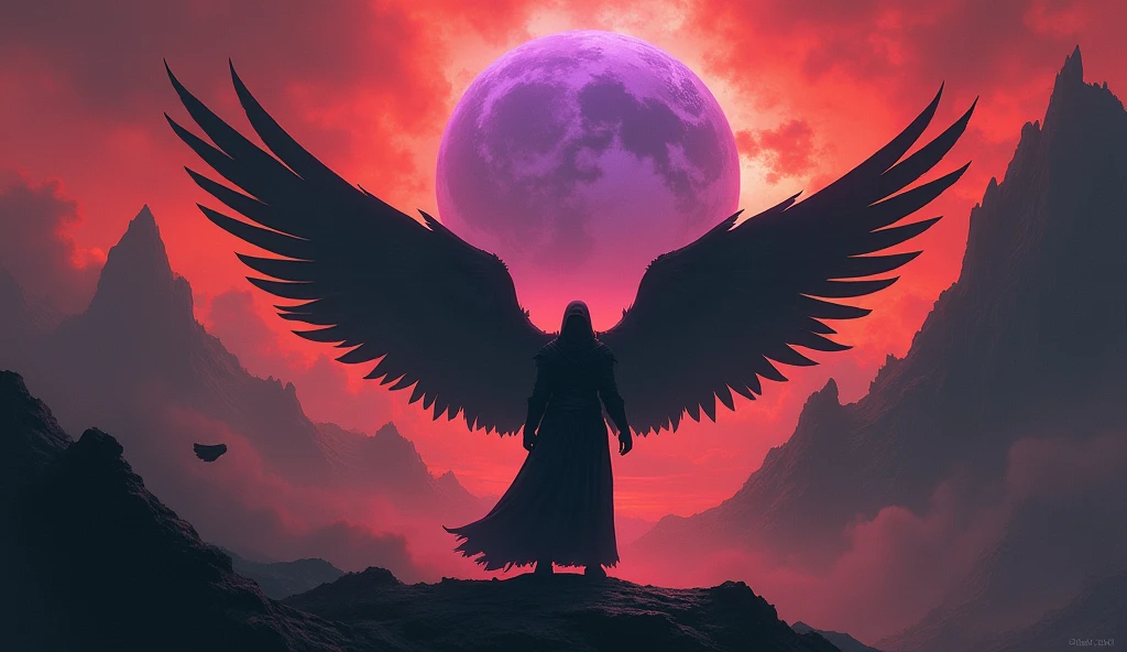 1girl, solo, short hair, dress, standing, white hair, black_hair, utdoors, wings, sky, cloud, from behind, tree, glowing, back, moon, cloudy sky, star \(sky\), scenery, feathered wings, mountain, fantasy, old, single wing, multiple wings, pillarboxed, large wings, eldritch abomination