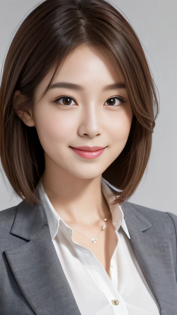 (Highly detailed CG Unity 8K wallpaper, highest quality, super detailed, look at the camera:1.2, light shines on your face:1.5, gray background, professional lighting), 2 Japanese female, upper body composition with her face well-lit. She has an oval face, soft arched eyebrows, bright expressive eyes, a well-defined nose, and a friendly smile. Her hair is shoulder-length, straight, and dyed a light chestnut brown. She's wearing a smart-casual blouse, possibly in a soft color, complemented by a chic blazer, embodying her lively and sociable personality