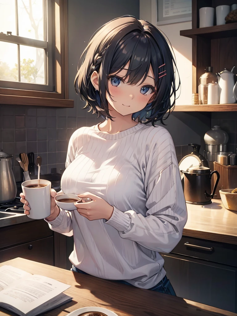 (Masterpiece), Uma garota, (top-quality), with a high-necked black blouse, (tight jeans), and (tenis) on her feet, (blushes) deeply as she holds a large cup of (soup) in a cozy, (comfortable room), anime style. Her shy expression adds (cuteness) to this (beautiful scene), making it a (top-resolution) and (best-quality) anime illustration. Her rosto envergonhado (embarrassed face) and the steam rising from the soup cup add to the (hyper-realistic) and (ultra-detailed) depiction of thiasterpiece).