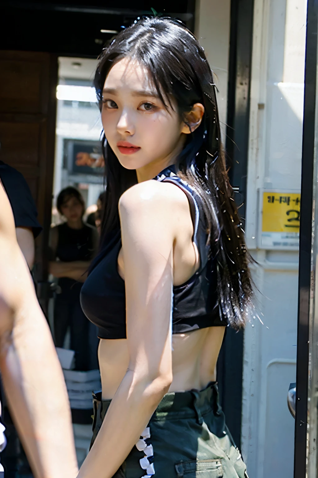 ((Masterpiece, high quality, ultra-detailed, ultra high quality, HD)),  1 Korean girl, black hair, straight loose hair, ((black bandana)), thin cheeks, top sleeveless, white cargo pants, cute eyes, Karina Aespa, side back pose, in the town, best photoshoot, Kpop, (wearing accessories), perfect body, perfect eyes, perfect face, make up :0.8, perfect anatomy, ((solo focus: 1.2)) 