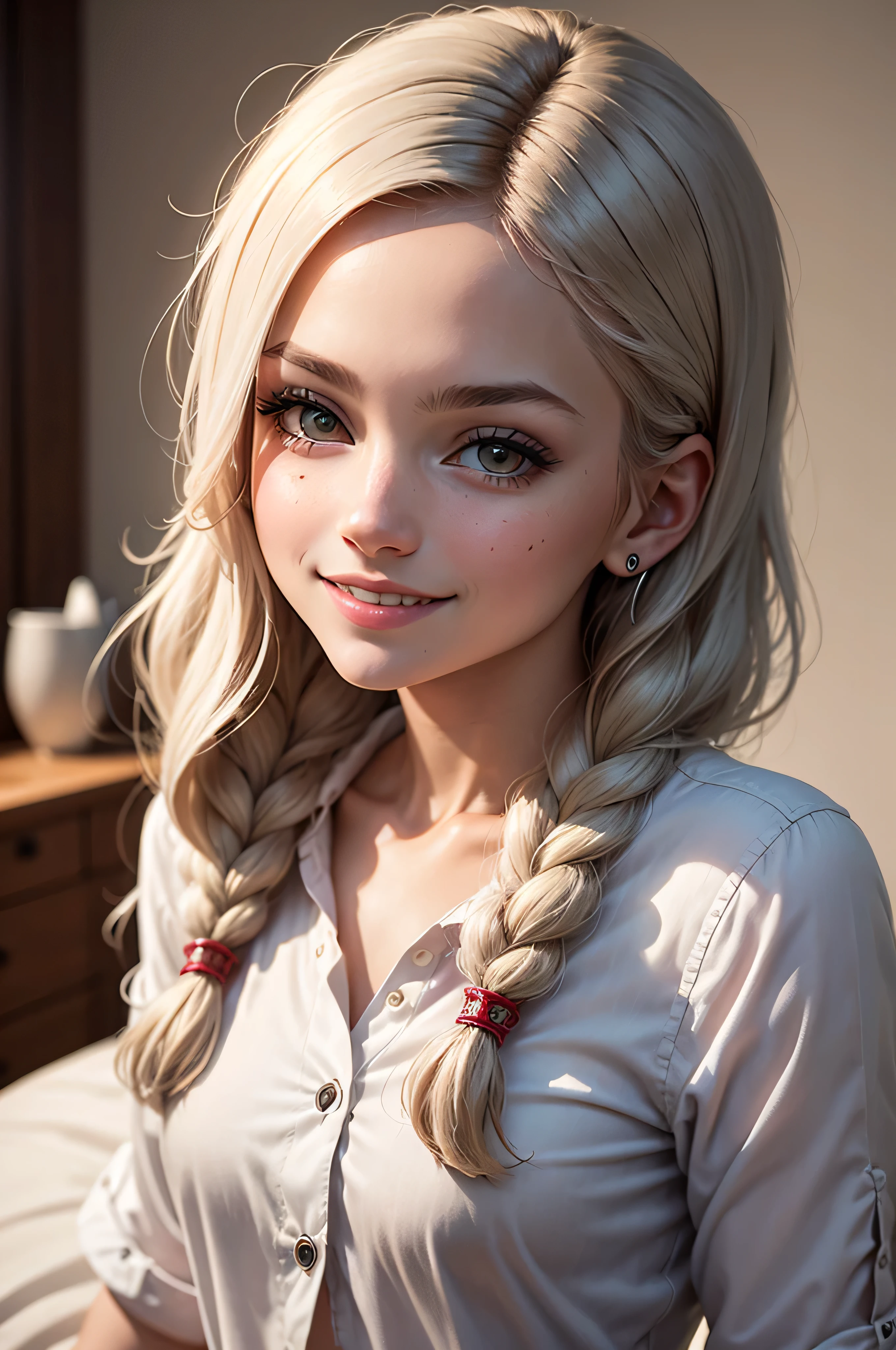 MilkGore, Modest Dress, long hair, twintails, closed mouth, upper body, choker, sleeves past wrists, looking to the side, makeup, (freckles:0.9),