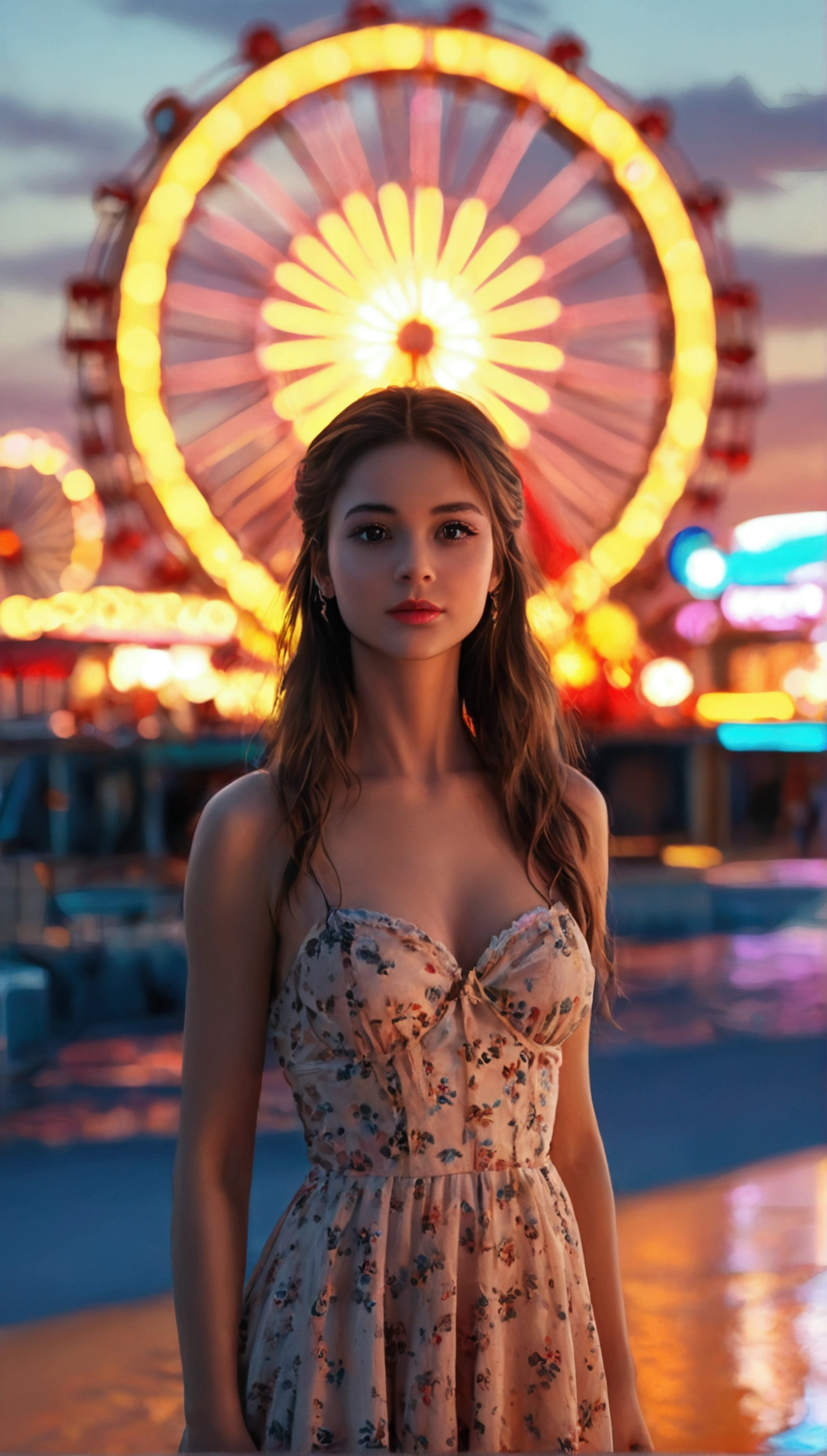 score_9, score_8_up, score_7_up, A beautiful young girl standing on a beach boardwalk, wearing a cute dress, long eyelashes, beautiful detailed eyes and lips, with a petite figure and large breasts, at an amusement park with a ferris wheel, carousel, arcade, and rollercoaster in the background, highly detailed, photorealistic, (best quality,8k,highres,masterpiece:1.2),ultra-detailed,(realistic,photorealistic:1.37),HDR,UHD,studio lighting,extreme detail description,vivid colors,professional