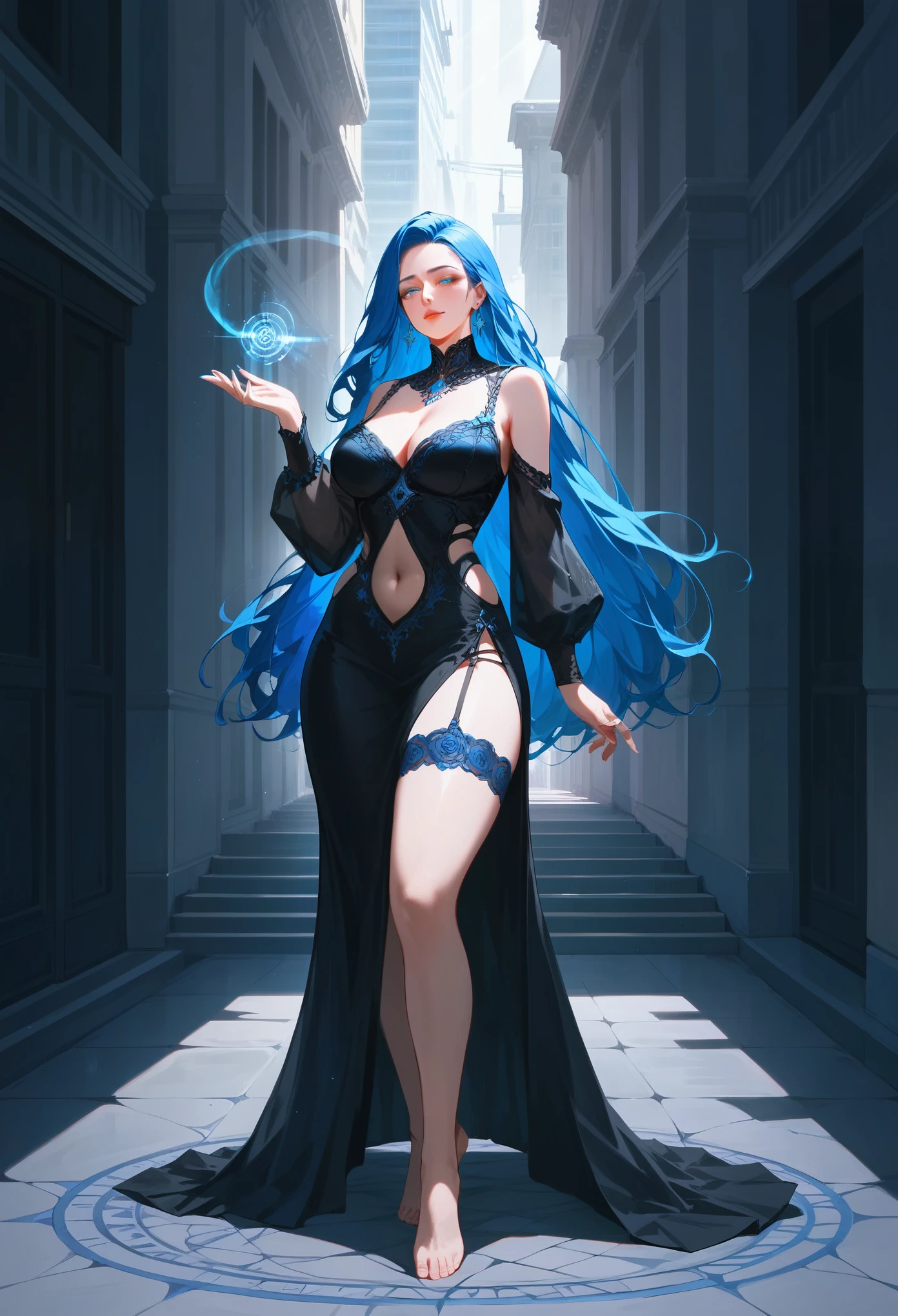 score_9, score_8_up, score_7_up, score_6_up, score_5_up, score_4_up, (masterpiece, best quality:1.2), highly detailed, rating_explicit, illustration, nsfw, mature woman, blue long hair, smaller breasts, sensual body shape, full body, wide hips, black clothes, sensual lingerie, skirt, barefoot, city landscape, surrealism ,magic circles, Sparkling rays, 