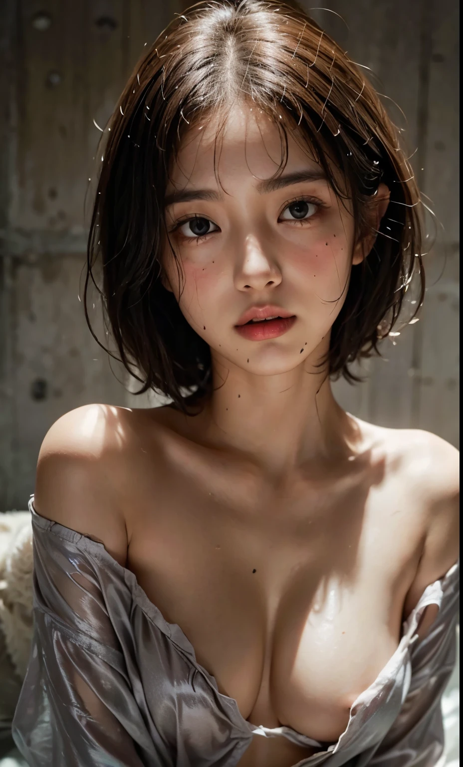 (see through Skin Tight Black Top:1.2)、cinematic lighting、perfect、soft light、high resolution skin:1.2、realistic skin texture、realistic breast、off shoulder、(exposed cleavage:1.4), Gray background, nude, (small breast:1.4), detailed breast, (close-up breast:1.3), (wet and shiny skin:1.4), sweat, exposed nipples,