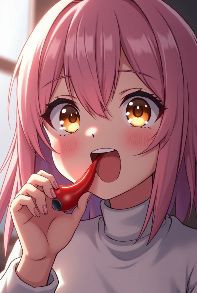 Generate an image of Honami Mochizuki from Project Sekai. She is a high school student with long, straight hair in a blonde color.,with a slight curl. Her side hair is shorter and also slightly curled.Often, has big, gentle red eyes and a warm, friendly expression.nsfw,steam,medium breasts,sweat,1girl,Gradient with pink tips,feeling weak,Completely naked,Twin tails,hand job,tongue out,side view,from side,1boy,penis,cum on breasts,close to viewer 