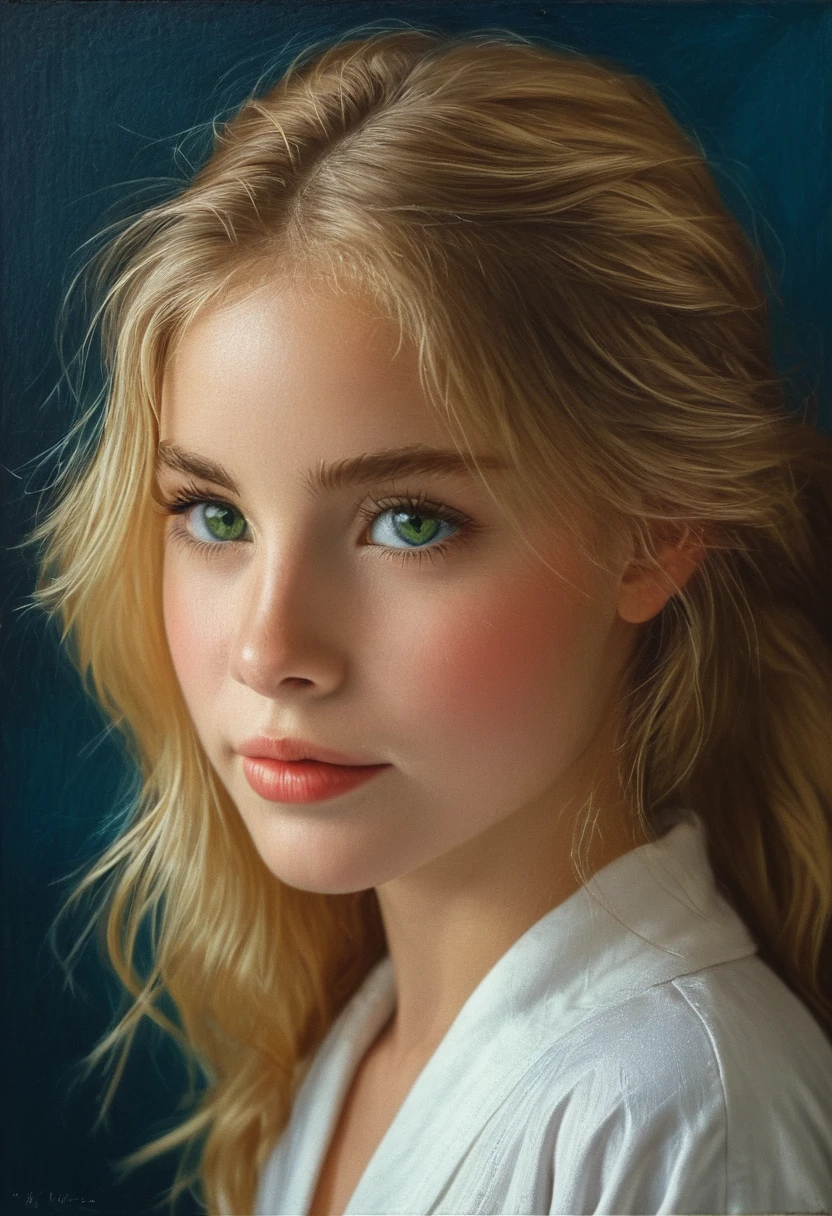 a portrait of a beautiful young girl, 1, with long bright blonde hair, green eyes, wearing a classic white pajama robe, in a classical portrait style, oil painting, side view, face in focus, small smile, plain blue background, highly detailed, photorealistic, cinematic lighting, delicate skin, intricate facial features, elegant expression