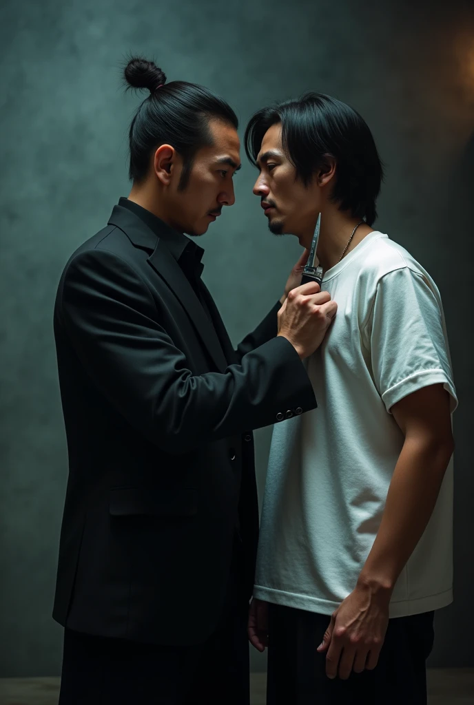 a homoromantic, Asian gay, loving, dramatic masterpiece of two men deeply in love,  Full Frame, gentle, tender, lover, necklace