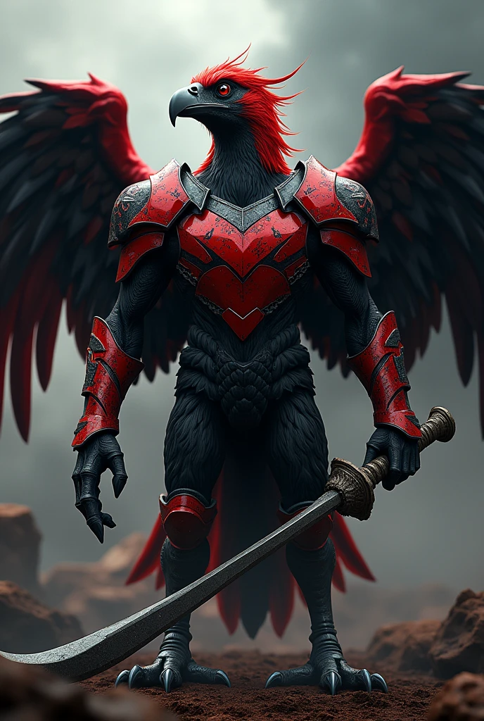 Garuda with abdominal muscles, bird claws on his feet, human hands, feathers on his neck, beak of a hawk, red body, diamond armor on his wings, feathers, wearing a crown on his head, a knife stabbed his stomach until blood came out.