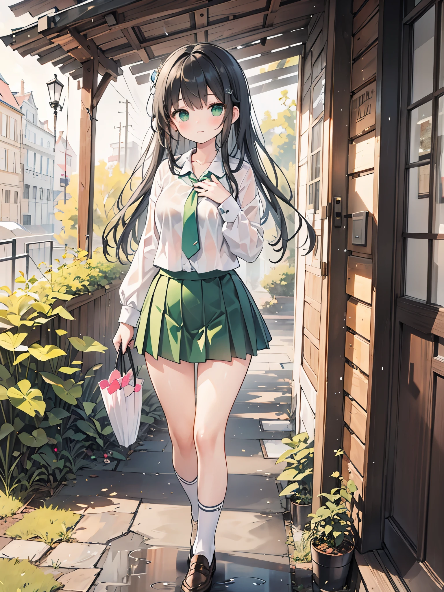 ((Best Quality, 8k, masterpiece: 1.3)),people間の***,１people,１peopleで,((Petite,Glamorous Body,Curvy)),cute,Lonely look,((Black Hair)),Long Hair,Beautiful emerald green eyes,Standing posture,Close-up,(((White blouse,Green tie,Green pleated mini skirt,Black socks,loafers))),((Pouring rain,As I was sheltering from the rain under the eaves, a hand holding an umbrella reached out towards my chest.)),