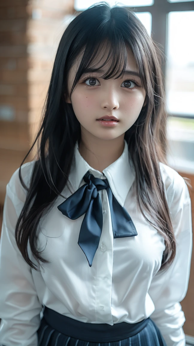 Long Neck,Browse,Bursting Breasts,Highest quality,Ultra-high resolution,1 person,whole body,Black Hair, Bangs, Cool expression,Looking at the camera,Beautiful and delicate face,Delicate and beautiful skin,Texture,High School Students, School Uniform, (Tight white shirt:1.7), tie,(Large Breasts:1.2), Check mini skirt,After school classroom,(Standing posture,1.3: