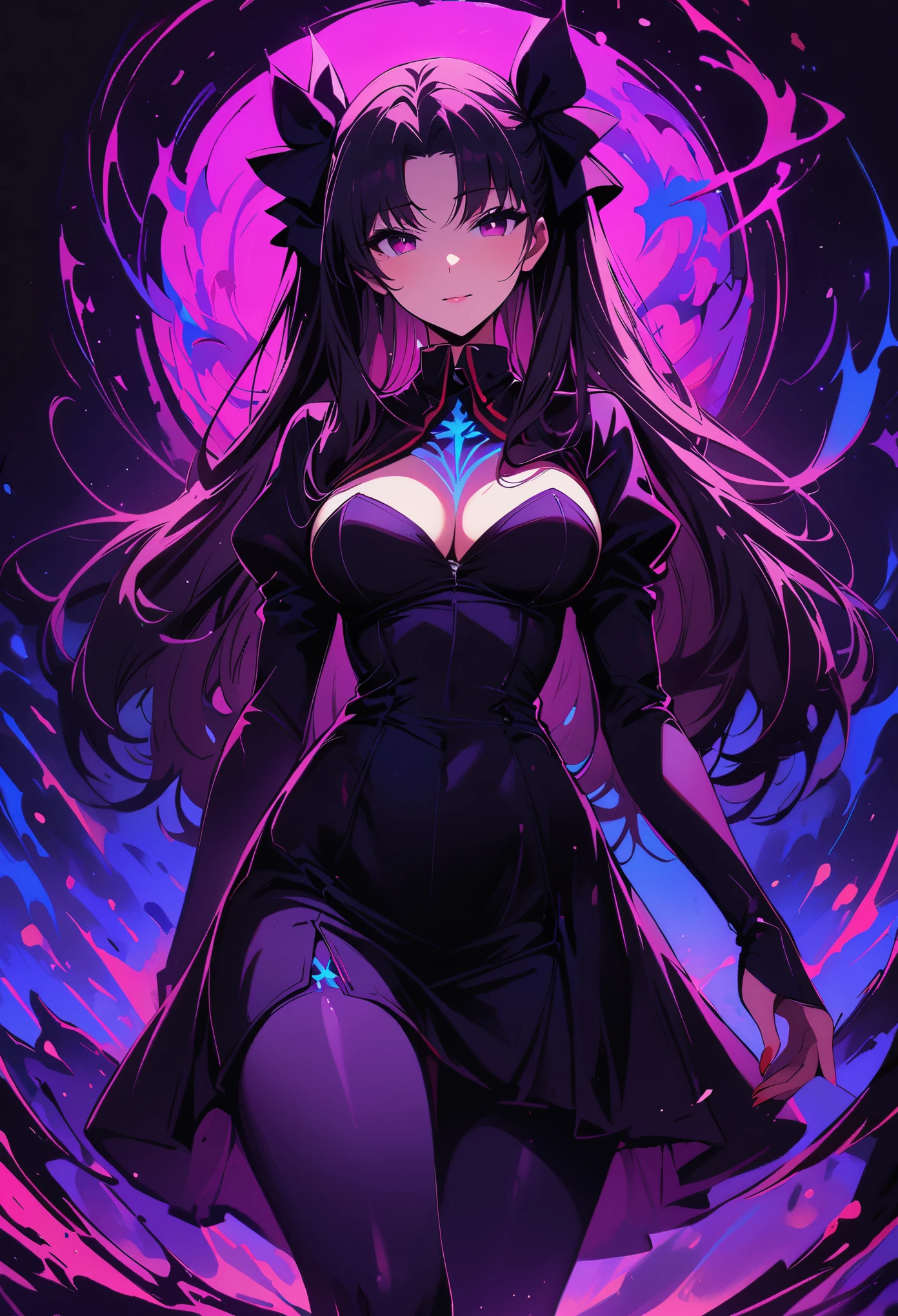 Rin Tohsaka，(masterpiece, Best quality:1.2), Black Light Art，1 girl, solitary，Tights，Chest，，Tights，Busty
