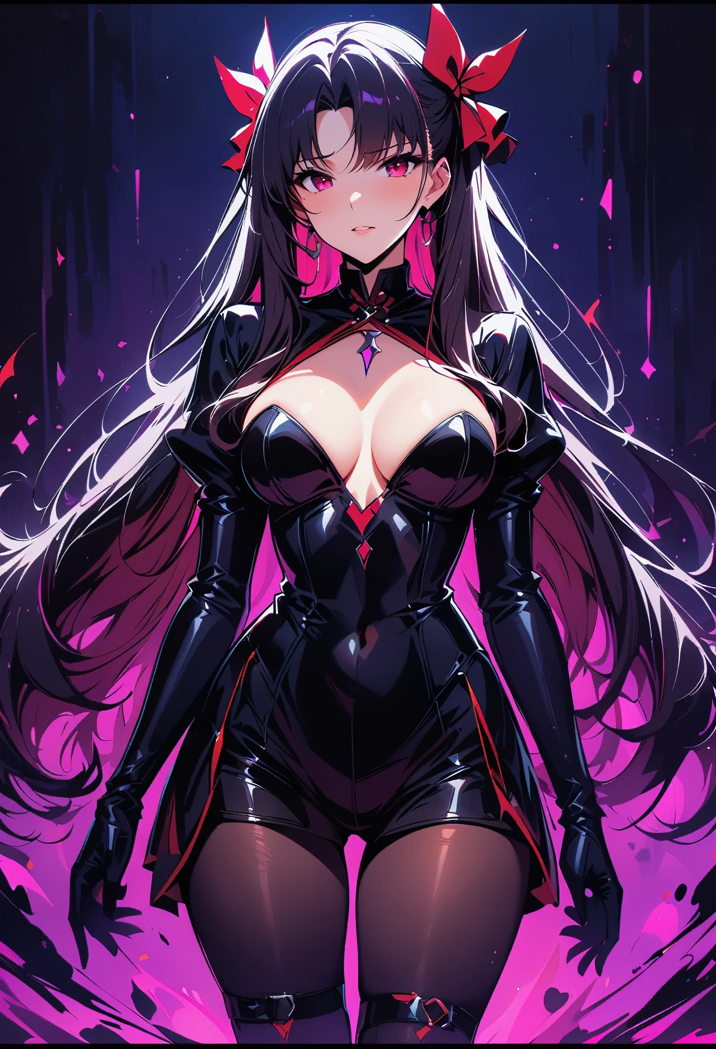 Rin Tohsaka，(masterpiece, Best quality:1.2), Black Light Art，1 girl, solitary，Tights，Chest，，Tights，Busty
