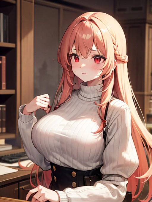 Highest resolution, beige hair, braided long hair, red eyes, Very big tits, White knit, Very close, look down