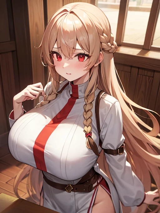 Highest resolution, beige hair, braided long hair, red eyes, Very big tits, White knit, Very close, look down