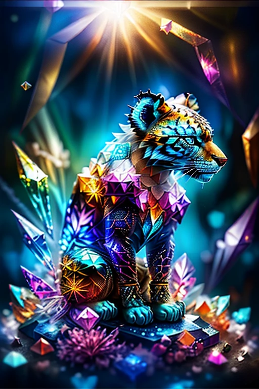 (((best quality))), tiger, colored crystal tiger statue, crystal polygons, transparent crystal, translucid crystal, glass effect, ((low polygonal tiger representation)), glowing heart of statue, (((faithful to fur patterns))), , black background, specular light, theater light, photography, professional photography, highres, ultra-detailed