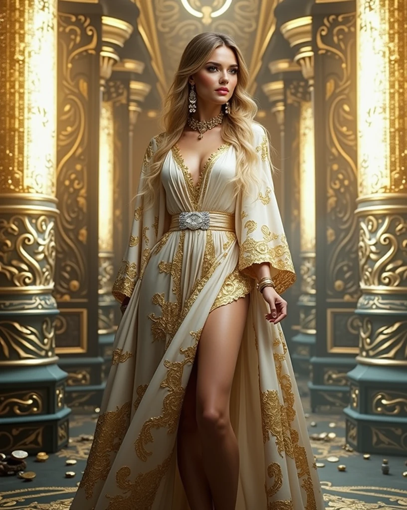 (Full length body) photo stunning (hijab)1.2 woman solo, semi-open strawberry lips, dimples, wistful look, (extra long wavy [brown|blonde:0.5] hair), ((detailed face)), ((detailed facial features)), (finely detailed skin), perfect thighs and legs, pale skin, (deep neckline detailed high-tech cyberpunk tight  dress), (high stockings), stiletto pumps, standing legs parted, front view, cyberpunk megacity oriental Arabic Persian city, hanging gardens background, (cool colors), lace silk cotton fabric, reflections, (masterpiece) (perfect proportion)(realistic photo)(best quality)  (detailed) shot on a Canon EOS R5, F/2.8, HDR, (8k) (wallpaper) (cinematic lighting) (dramatic lighting) (sharp focus) (intricate), RAW photo, stockings straps, stiletto, arms back, 8k uhd dslr, Fujifilm XT3, extremely detailed, photorealistic, incredibly absurd, highly detailed,  Sharp Focus, (Professional Studio Lighting), (Professional Color Grading), Edge Lighting, Dramatic Lighting, Cinematic Lighting, Lumen Reflections, Soft Natural Lighting, Soft Color, Photon Mapping, Radiosity, (Beautiful Eyes), (Detailed Eyes), (Detailed Face), Symmetrical Eyes, Sharp Eyes, Cold Face, Full Body, Model Photo, Cinematic Photo, slim Bodybuilder