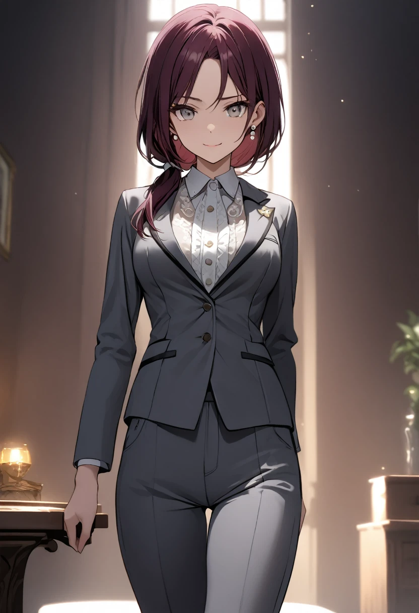 best quality, masterpiece, illustration, stoic, A 20-year-old gravure idol, a cute woman, with the highest level of sophistication, neatness, lightness, and femininity, ((detailed gray eyes:1.2)), pointy medium breasts, tall at 1.58meters, slender legs, ((dark burgundy hair)), parted bangs low ponytail, smile, closed mouth, glistening skin, healthier skin, BREAK{{{ navy blazer + white silk blouse + gray high-waisted pants + pearl earrings. }}}, ( Banishing evil spirits:1.4)),