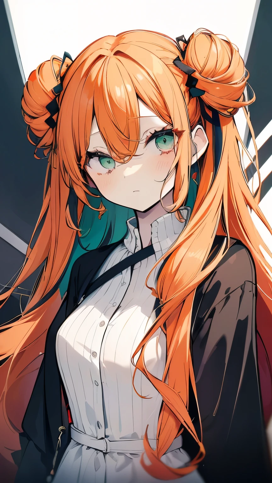 High resolution, Best Quality, masterpiece, Ultra-precision,Character Portrait,One girl, solo,adult,Look at, Beautiful Face,(Dark orange hair),(((Very long hair))), (Hair covering one eye), Diagonal bangs, Parted bangs,Hair in the eyes,Double bun hairstyle, (Dark green eyes),Droopy eyes,Slender figure,Concept Art, 