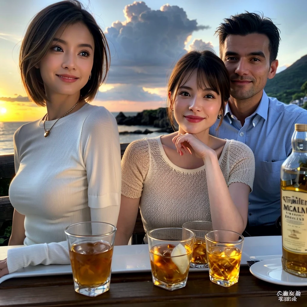 (Realistic, 超Realistic:1.4), 16K HDR, High resolution,Brown short hair,The best smile、Japanese Actress,so beautiful(It looks like the real thing),Short sleeve dress,Whiskey Bottle、The Macallan、Johnnie Walker、、Old Parr、whiskey、Suntory、nick、Slim couple、Model Couple、(Realistic, Intricate details:1.2), Full course dinner、Whiskey bottle and glass on the table、Single Malt、scotch、Rock Glass、Shot Glasses、Whisky on the Rock、Scotland、Amazing view of the sunset sky and clouds、,Digital SLR camera, Soft lighting, Detailed Background, Written boundary depth, Volumetric lighting, Sharp focus, super Realistic 肌,so beautiful表現です,Cloud Effect:1.2、プロ品質のHigh resolution、Realistic facial features,Best Quality,Slim figure,Highly detailed face,Highly detailed eyes,Beautiful Lips,Excellent light particles,Cinema Lighting,blue eyes,