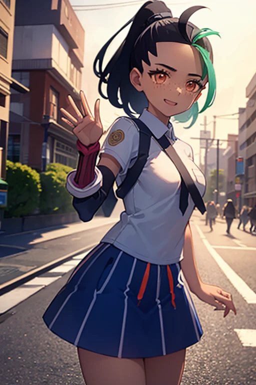 Nemo, a charming high school girl, happily waving on the street in the evening