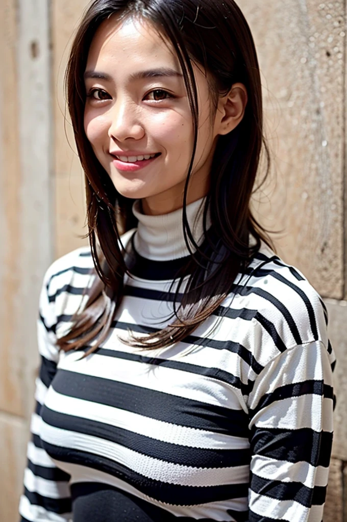 of the highest quality, 1 beautiful woman, age 28, S, 35mm lens, F/1, Cowboy Shot, Concrete background、Tile background、Straight hair、Sweat,black and white (stripe:1.5) knitwear 、light chestnut hair、Very long hair, very tight clothes, turtleneck, smiling, happy