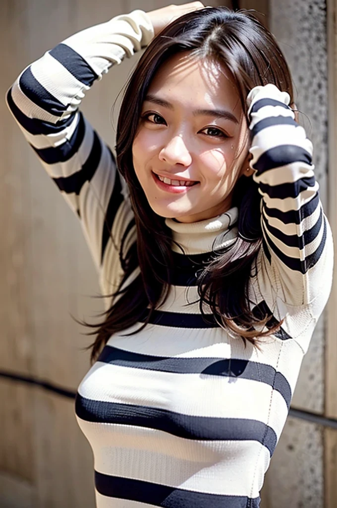 of the highest quality, 1 beautiful woman, age 28, S, 35mm lens, F/1, Cowboy Shot, Concrete background、Tile background、Straight hair、Sweat,black and white (stripe:1.5) knitwear 、light chestnut hair、Very long hair, very tight clothes, turtleneck, smiling, happy