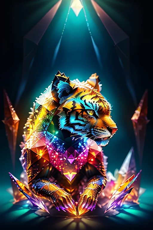 (((best quality))), tiger, colored crystal tiger statue, crystal polygons, transparent crystal, translucid crystal, glass effect, ((low polygonal tiger representation)), glowing heart of statue, (((faithful to fur patterns))), , black background, specular light, theater light, photography, professional photography, highres, ultra-detailed