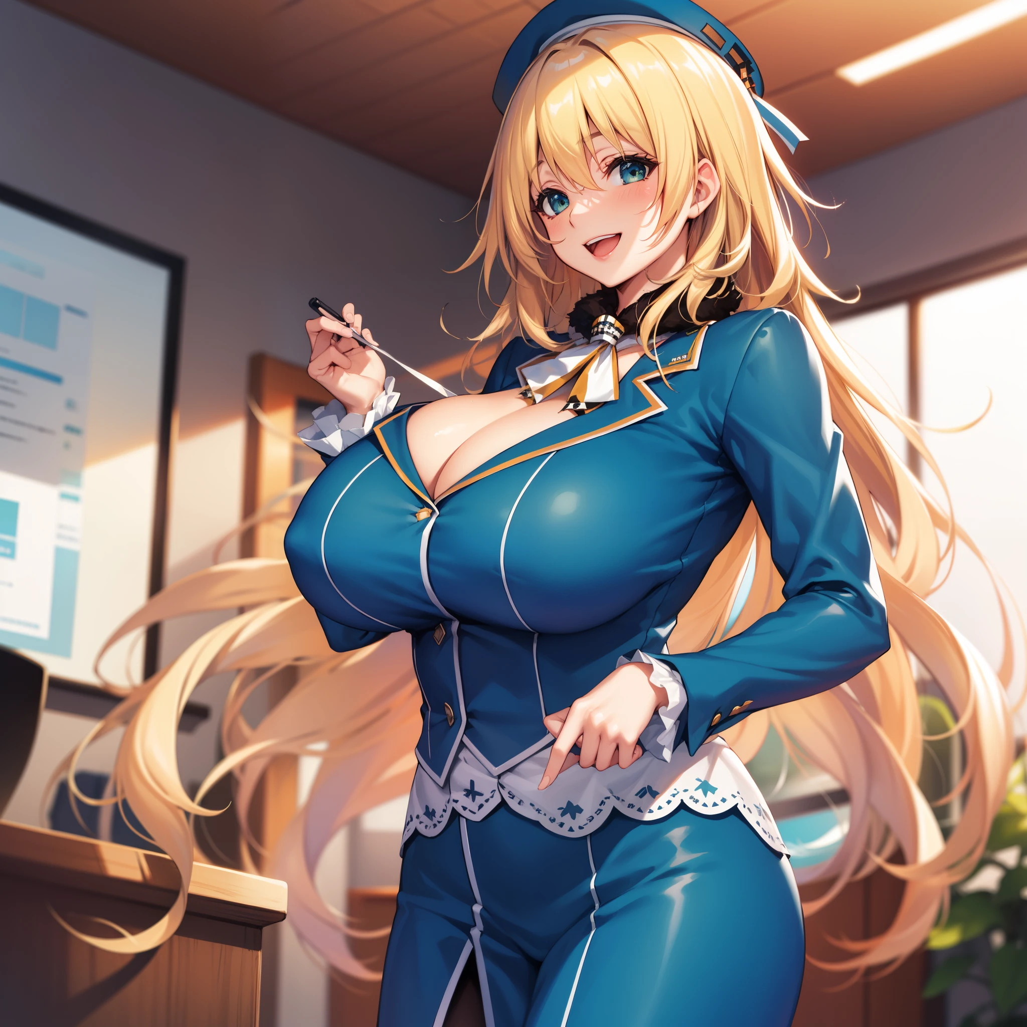 , View your audience,
blonde　hair,Big Breasts, smile, Open your mouth, smile,Wide Hips,長いhair,indoor,Uniform,atagoKC, (atago) Uniform,beret,Office,