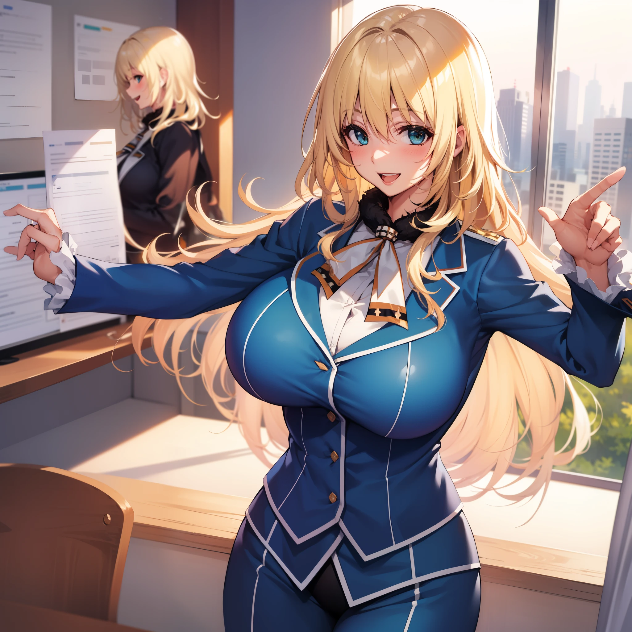 , View your audience,
blonde　hair,Big Breasts, smile, Open your mouth, smile,Wide Hips,長いhair,indoor,Uniform,atagoKC, (atago) Uniform,beret,Office,