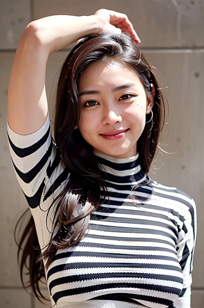 of the highest quality, 1 beautiful woman, age 28, S, 35mm lens, F/1, Cowboy Shot, Concrete background、Tile background、Straight hair、Sweat,black and white (stripe:1.5) knitwear 、light chestnut hair、Very long hair, very tight clothes, turtleneck, enormous_breasts, smiling, happy