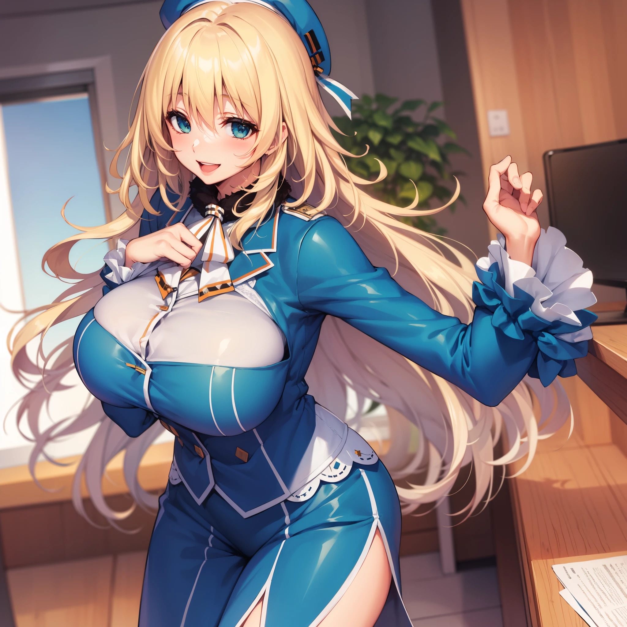 , View your audience,
blonde　hair,Big Breasts, smile, Open your mouth, smile,Wide Hips,長いhair,indoor,Uniform,atagoKC, (atago) Uniform,beret,Office,