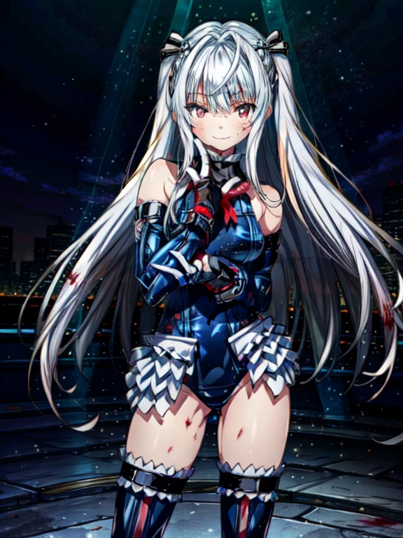 Perfect Anatomy, Best Quality, Wicked Smile,Provocative attitude
,((A young girl stands provocatively in a blood-soaked, electrified martial arts ring:1.2)),Wicked Smile,Anime Style,(Ruffled swimsuit, Knee socks, Removed sleeve), (Anime Style:1.4) ,
Silver Hair,(White fingers:1.1,black gloves),Very long hair,,(((masterpiece))), (((Best Quality))), ((Very detailed)), (Illustration), (Detailed light),((Very delicate and beautiful), saitou masatsugu
